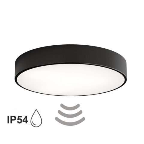 Lampa sufitowa łazienkowa na taras plafon CLEO 500 IP54 Czarny 50 cm z Czujnikiem Ruchu
